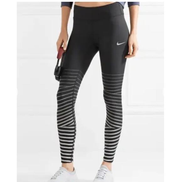 Nike dri fit running tights leggings black wtih silver stripes size medium - Picture 1 of 8